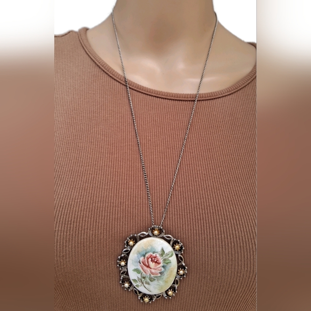 Vintage Victorian Revival Hand Painted Rose Brooch Pendant Silver Tone Necklace